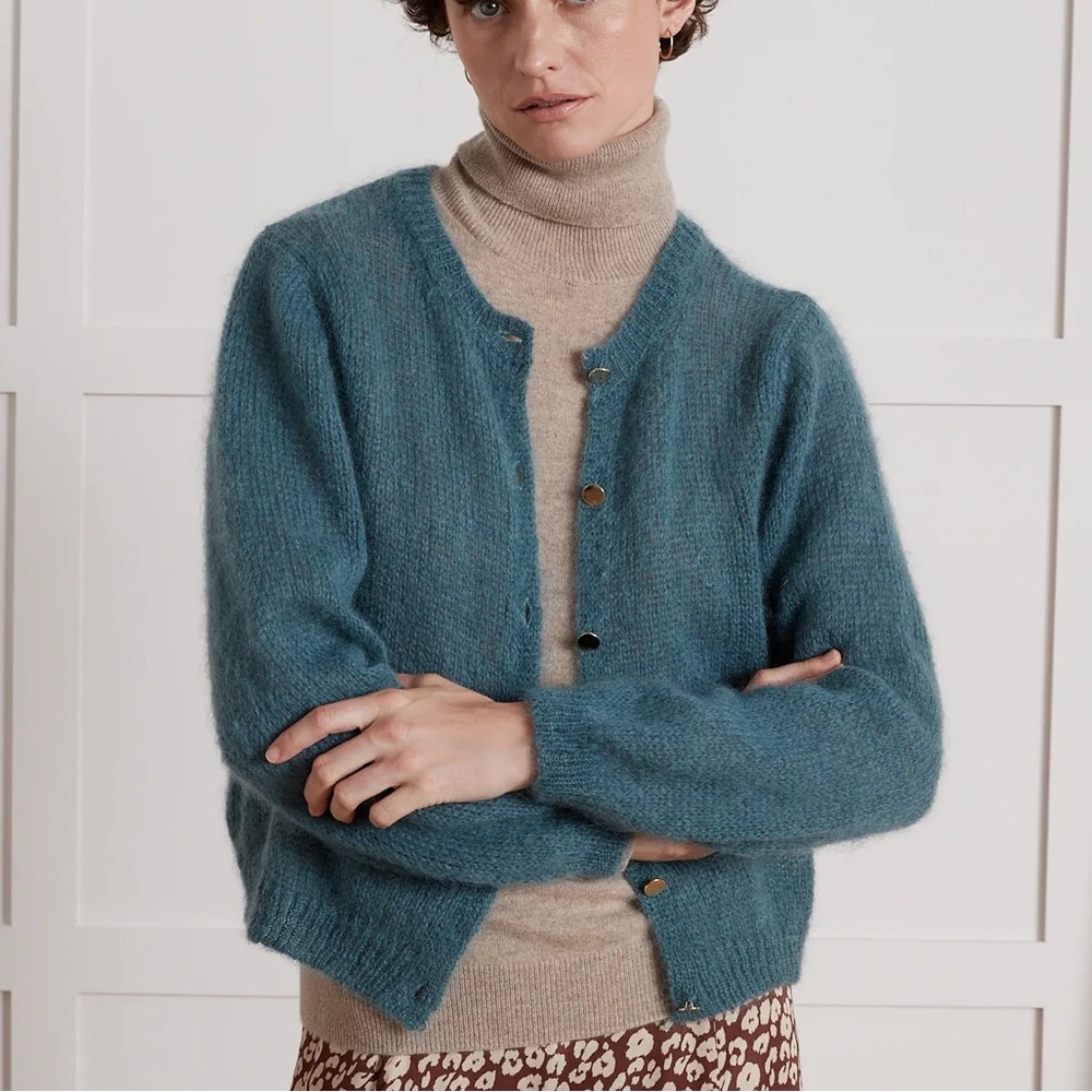 Cyrillus Paris Button Down CARDIGAN CELADON FONCE Mohair Wool Blue Green Color